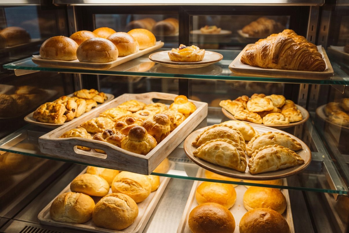 Vitrine de padaria com salgados Grano Sorelle
